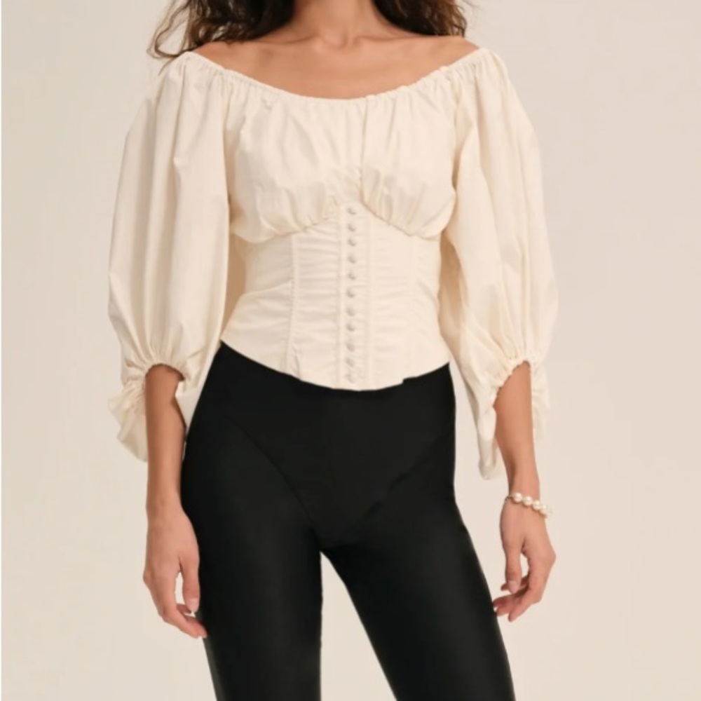 For Love & Lemons Marion Puff Sleeve Romantic Boned Corset Top Ivory Large NEW - Picture 2 of 14